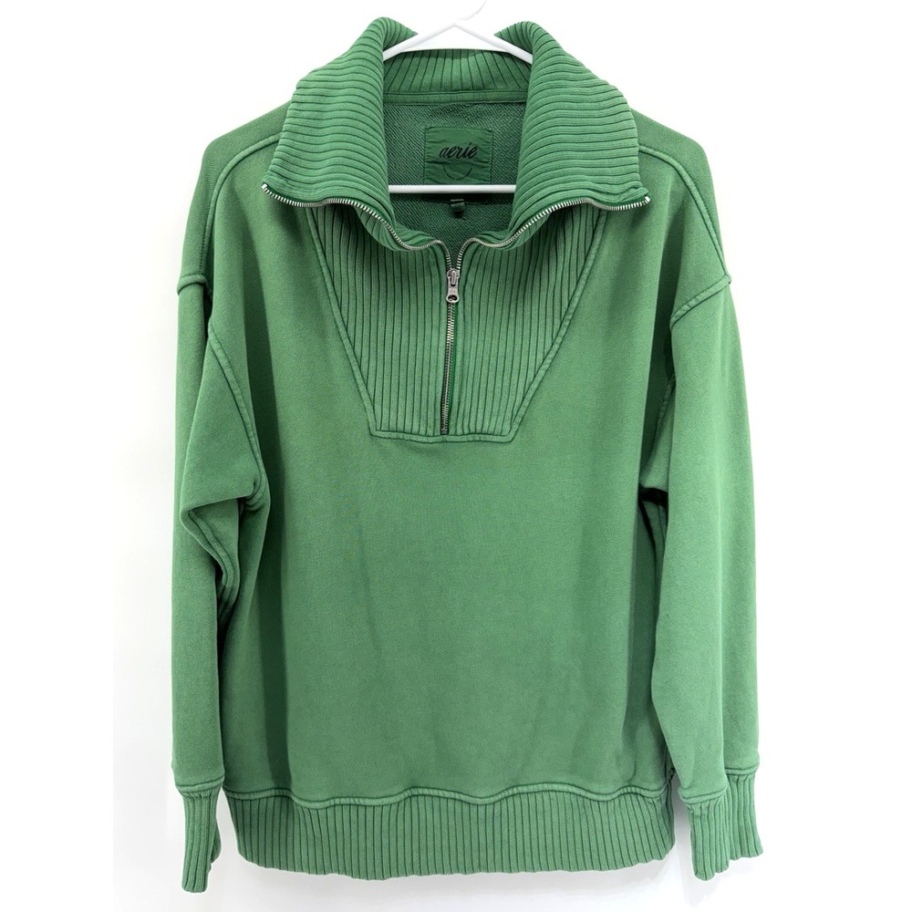 Aerie Down To Earth Quarter 1/4 Zip Sweatshirt Oversized Distressed Women XXS